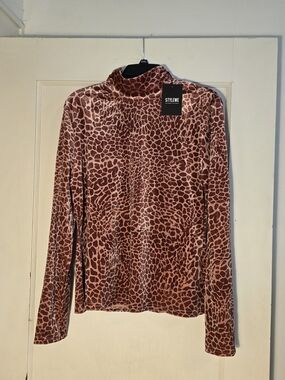 Pink Leopard Velvet Mock Neck Long Sleeve Top  Size XXL